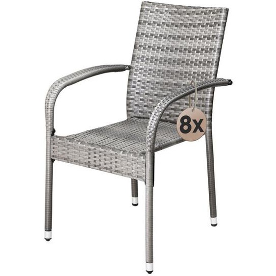 CASARIA® Lot de 8 chaises de jardin grises empilables polyrotin accoudoirs arrondis fauteuil extérieur terrasse balcon