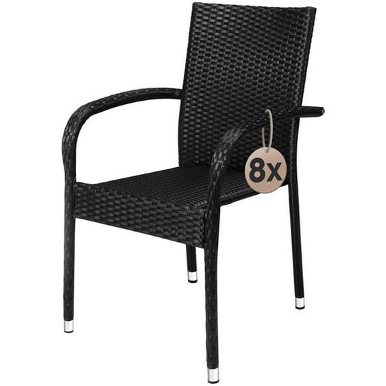 CASARIA® Lot de 8 chaises de jardin noires empilables polyrotin accoudoirs arrondis fauteuil extérieur terrasse balcon