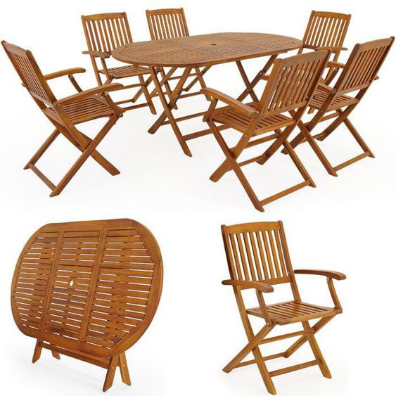 CASARIA® Salon de jardin Boston en bois 6 personnes chaises et table pliables trou pour parasol meubles extérieur jardin