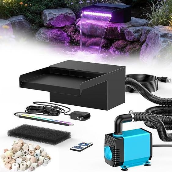 Cascade pour bassin de 20 cm de large, avec boîtier en acier inoxydable et pompe pour bassin de 2500 L/H, guirlande de LED changeant de couleur àà distance, fontaine dextérieur pour bassin de jardin