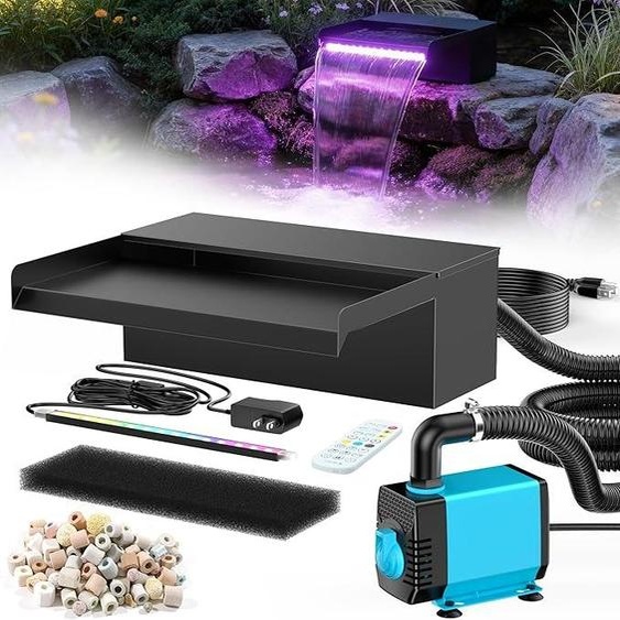 Cascade pour étang de 30 cm de large, avec boîtier en acier inoxydable et pompe pour étang de 2500 L/H, guirlande de LED changeant de couleur àà distance, fontaine dextérieur pour étang de jardin