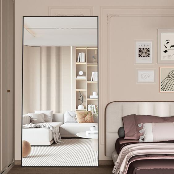 Miroir sur Pied 180x80cm, Grand Miroir de Sol Noir, Miroir sur Pied, Contre Le Mur pour Chambre à Coucher, Revêtement et Miroir Mural à Cadre Mince,