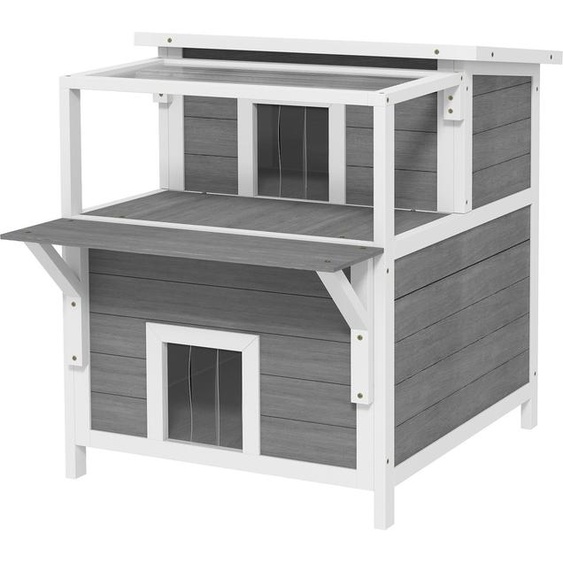 Caverne pour chats, niche pour chats en bois de sapin, maison pour chats avec balcon, entrées, pour chats jusquà 5 kg, extérieur, 64 x 87 x 76 cm, gris clair