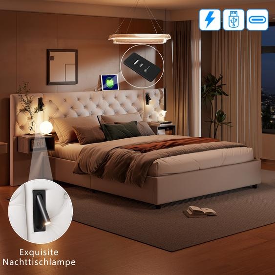 CDGlobal Lit rembourré 160x200cm avec USB, Lit boxspring hydraulique avec coffre de lit et espace de rangement, Lit de rangement avec LED, Velours Lit double Lit de rangement Lit fonctionnel, Beige