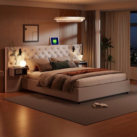 CDGlobal Lit rembourré 160x200cm avec USB, Lit double pour adolescents avec sommier à lattes et espace de rangement, Lit de rangement avec LED, Lin, Gris