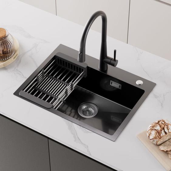 Cecipa - 60×45×18CM Évier de Cuisine Noir - Évier 1 Bac avec Panier de Drainage Cuisine Acier Inoxydable 201 Grande Capacité