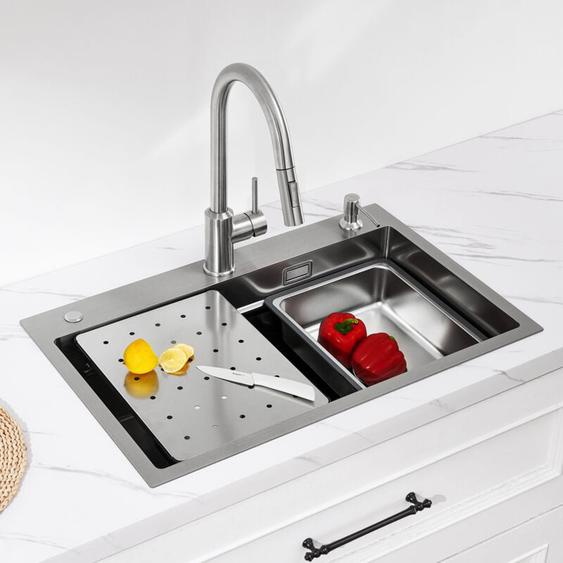 Cecipa - vier 1 Bac avec Egouttoir + Vasque + Distributeur de Savon Gratuit, 70×45 cm Évier Cuisine Inox Argent