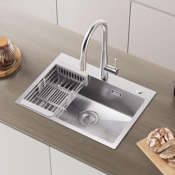 Cecipa - vier de Cuisine 1 Bac 60×45×18CM Évier Cuisine Acier Inoxydable 304 Brossé avec Panier de Drainage