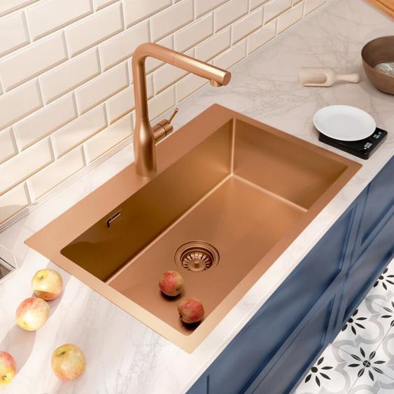 Ceramia - Timeless Évier de cuisine encastrable inox 304, 1 bac, 68x45x21 cm, Cuivre brossé pvd