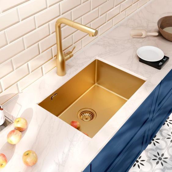 Ceramia - Timeless Évier de cuisine sous plan inox 304, 1 bac , 55x45x21 cm, Or brossé pvd
