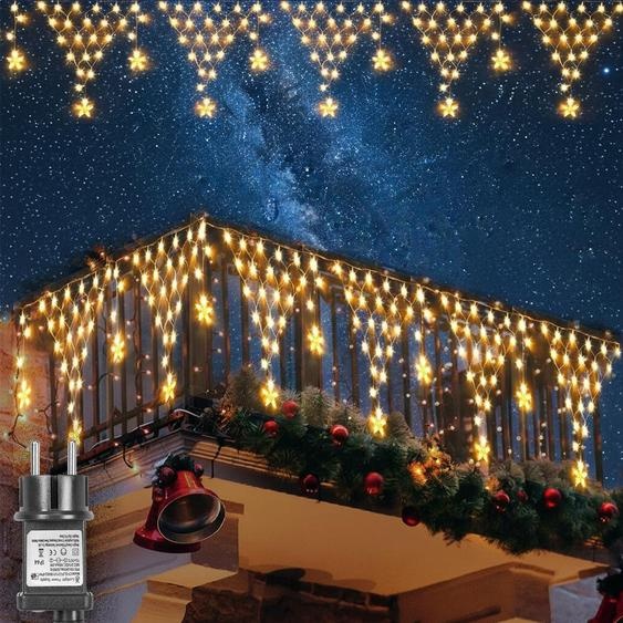 Chaîne détoiles Noël Décoration de fenêtre Rideau lumineux Lumières de Noël Rideau détoiles 192 LED 8 modes Pour fête Fenêtre Jardin Décoration, 5M Blanc chaud