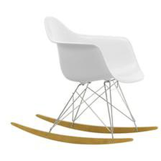 Chaise à bascule RAR Eames Plastic  - coton blanc  RE - chromé - Patins Érable jaune