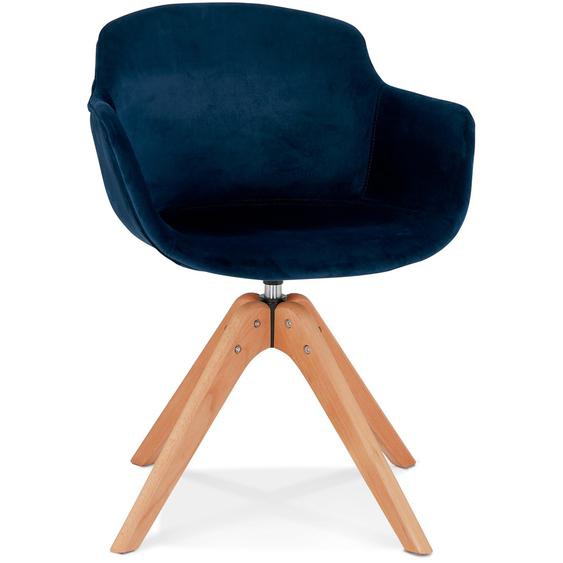 Chaise avec accoudoirs BERNI en velours bleu et pieds en bois naturel