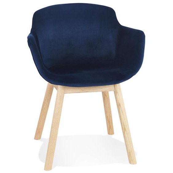 Chaise avec accoudoirs FRIDA en velours bleu et pieds en bois naturel