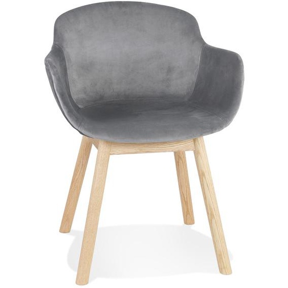 Chaise avec accoudoirs FRIDA en velours gris et pieds en bois naturel