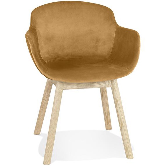Chaise avec accoudoirs FRIDA en velours moutarde et pieds en bois naturel