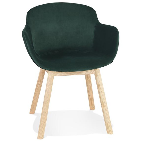 Chaise avec accoudoirs FRIDA en velours vert et pieds en bois naturel