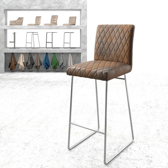 Chaise-de-bar Earnest-Flex piqué en diamant vintage marron  cadre de patins acier inoxydable, Chaises de bar