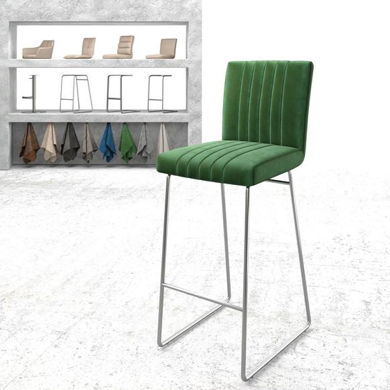 Chaise-de-bar Luiga-Flex velours vert cadre de patins acier inoxydable, Chaises de bar