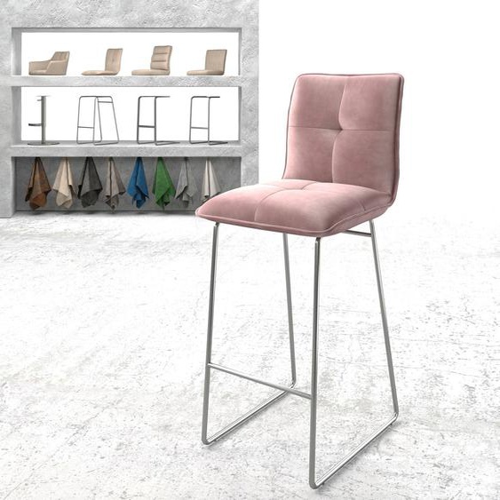 Chaise-de-bar Maddy-Flex velours rosé cadre de patins acier inoxydable, Chaises de bar