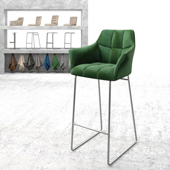 Chaise-de-bar Yulo-Flex velours vert cadre de patins acier inoxydable, Chaises de bar