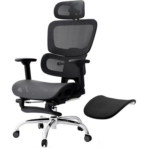 Chaise de bureau ergonomique en mesh intégral, supportant jusquà 150 kg, avec repose-pieds, coussin amovible, support lombaire auto-adaptatif, dossier réglable en hauteur, repose-tête, roulettes enPolyuréthaneà 360°, couleur noire