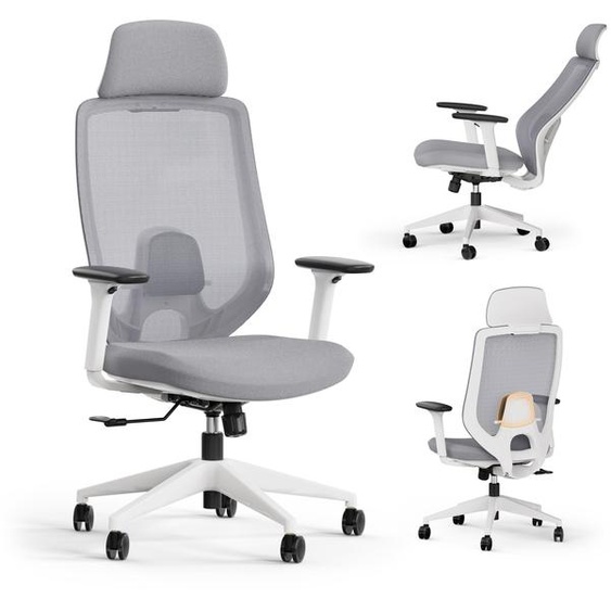 SENSE7 Nakai : chaise de bureau ergonomique, blanc et gris, accoudoirs 3D, dossier en résille, soutien lombaire, fauteuil de direction, chaise pour PC, bureau à domicile, charge maximale 150 kg