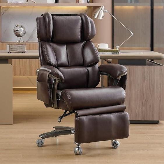 Chaise de bureau, fauteuil de direction, en similicuir PU, avec fonction de massage et de chauffage, repose-pieds, inclinable de 90 à 150 degrés, pivotante à 360 degrés, réglable en hauteur de 5 cm, capacité maximale de 110 kg