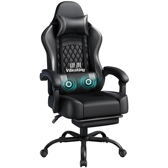 Chaise de bureau gaming - Chaise gaming ergonomique - Dossier haut avec appui-tête - Simili cuir noir - Pour bureau à domicile et salle de jeux