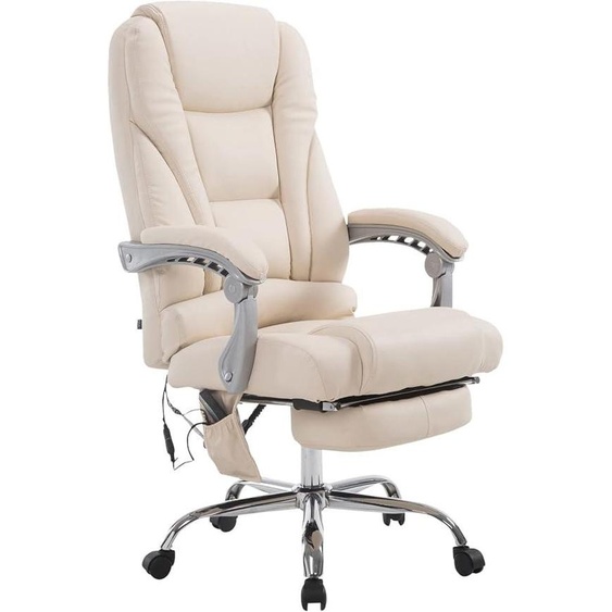 Chaise de bureau Pacira, revêtue de similicuir avec fonction de massage. Structure : métal chromé. Assise : similicuir crème