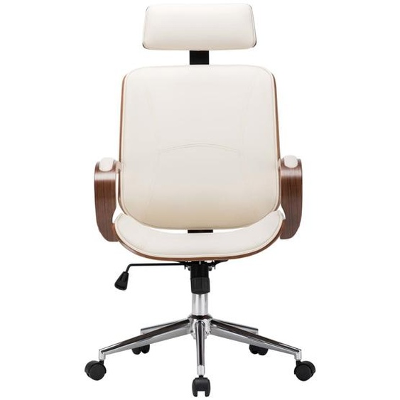 Chaise de bureau pivotante avec appuie-tête Crème Similicuir Bois courbé