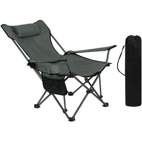 Chaise de Camping, Fauteuil de Pêche Avec Appui-tête, Porte-gobelet, Poche de Rangement, Sac de Transport, Gris - Woltu