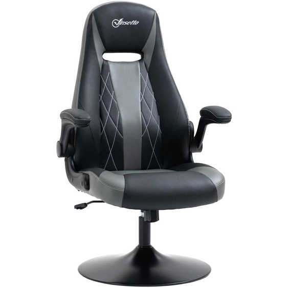Chaise de gaming ergonomique avec base ronde mtal pivotante 360¡ã hauteur rglable tºtire accoudoirs relevables PVC gris noir