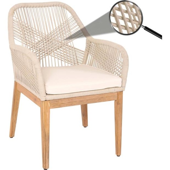 Chaise de jardin HWC-H56b, fauteuil Outdoor chaise, résistant aux intempéries corde tressée bois acacia ~ beige coussin crème-blanc