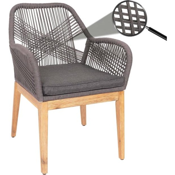 Chaise de jardin HWC-H56b, fauteuil Outdoor chaise, résistant aux intempéries corde tressée bois acacia ~ gris coussin anthracite
