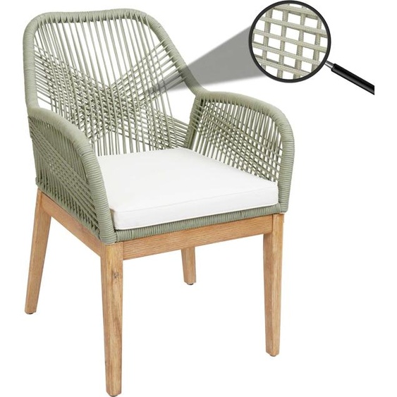 Chaise de jardin HWC-H56b, fauteuil Outdoor chaise, résistant aux intempéries corde tressée bois acacia ~ vert coussin crème