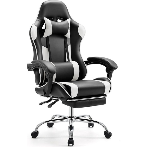 Chaise de jeu Sweiko,Chaise de bureau avec repose-pieds et soutien lombaire confortable,Ergonomique,Fauteuil inclinable avec appui-tête,Cuir PU,Blanc,Noir