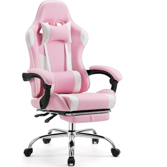 Chaise de jeu Sweiko,Chaise de bureau avec repose-pieds et soutien lombaire confortable,Ergonomique,Fauteuil inclinable avec appui-tête,Cuir PU,Rose,Noir