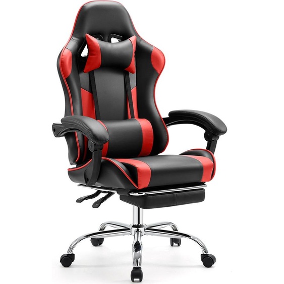 Chaise de jeu Sweiko,Chaise de bureau avec repose-pieds et soutien lombaire confortable,Ergonomique,Fauteuil inclinable avec appui-tête,Cuir synthétique,Rouge,Noir