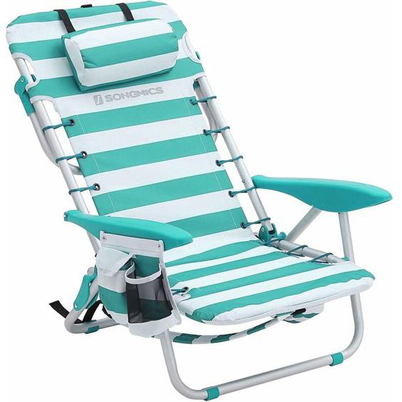 Chaise de Plage Portable avec Appui-tête, Siège dextérieur, Dossier Haut réglable jusquà 180 °, avec Porte-gobelet et Poche, accoudoirs, Charge 150