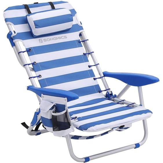 Chaise de Plage Portable avec Appui-tête, Siège dextérieur, Dossier Haut réglable jusquà 180 °, avec Porte-gobelet et Poche, accoudoirs, Charge 150