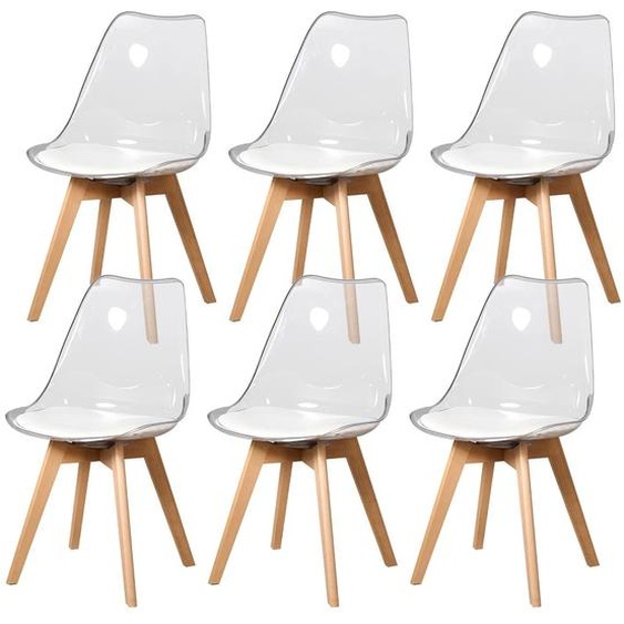 Chaise de salle à manger, assise en acrylique, pieds en hêtre, blanche