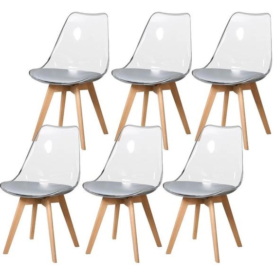 Chaise de salle à manger, assise en acrylique, pieds en hêtre, gris