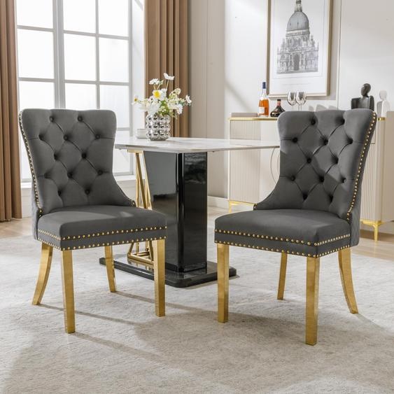 Chaise de salle à manger Fortuna Lai (chaise de cuisine, chaise de salon avec anneaux ronds uniques à larrière, 2 pièces), chaise rembourrée avec garniture à clous, pieds de soutien en acier inoxydable doré, revêtement en velours, gris/or
