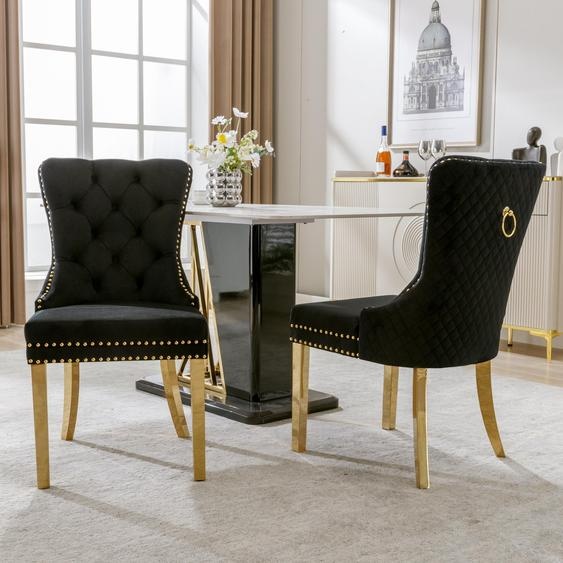 Chaise de salle à manger Fortuna Lai (chaise de cuisine, chaise de salon avec anneaux ronds uniques à larrière, 2 pièces), chaise rembourrée avec garniture à clous, pieds de soutien en acier inoxydable doré, velours, noir/or