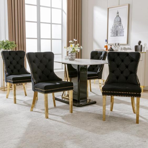 Chaise de salle à manger Fortuna Lai (chaise de cuisine, chaise de salon avec anneaux ronds uniques à larrière, 4 pièces), chaise rembourrée avec garniture à clous, pieds de soutien en acier inoxydable doré, velours, noir/or