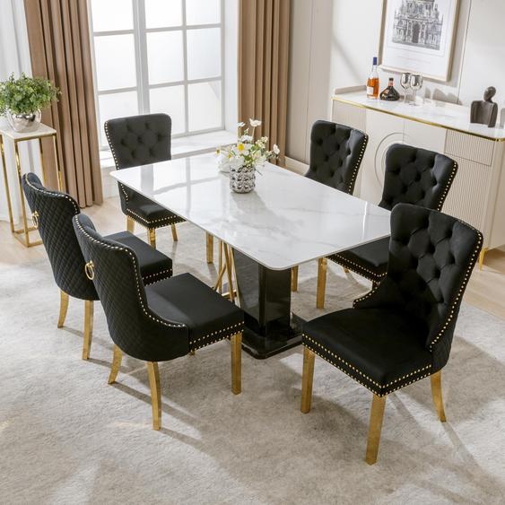Chaise de salle à manger Fortuna Lai (chaise de cuisine, chaise de salon avec anneaux ronds uniques à larrière, 6 pièces), chaise rembourrée avec garniture à clous, pieds de soutien en acier inoxydable doré, velours, noir/or