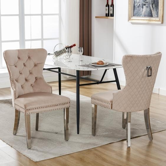 Chaise de salle à manger Fortuna Lai (chaise de cuisine, chaise de salon avec heurtoir unique à larrière, 2 pièces), chaise rembourrée avec garniture à clous, pieds dappui en métal, revêtement en velours, beige