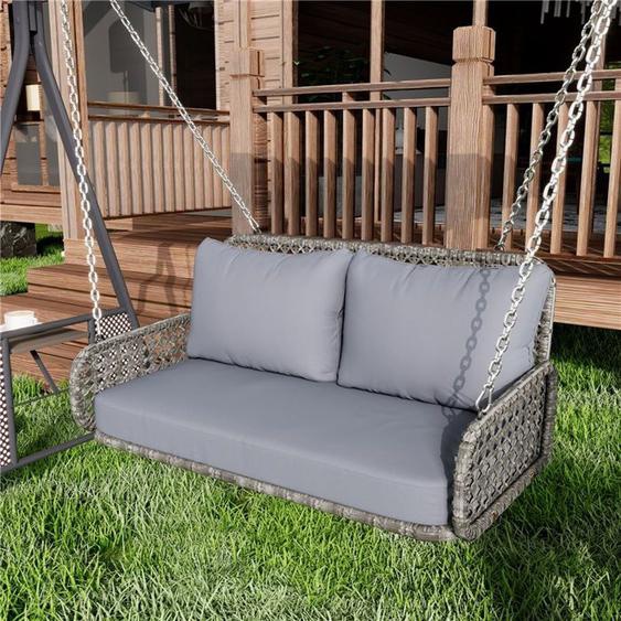 Chaise Hamac 2 Places Avec Coussins - Fauteuil Suspendu En PE Rotin - Balancelle De Jardin - Extérieur Patio Terrasse, Gris