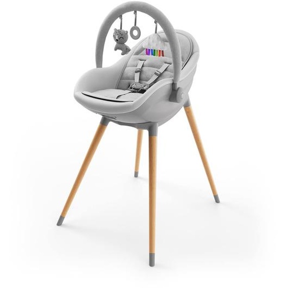 Chaise Haute 3-en-1 Fini Up, Évolutive Transat Et Repas Avec Double Plateau, Harnais 5 Points, Réglable, Insert Nouveau-né, Arche Jouets, Pieds Bois, Facile À Nettoyer Gris